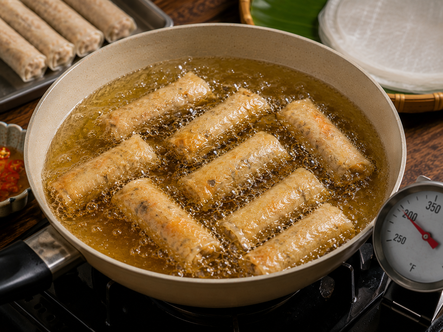 Pale Vietnamese chả giò frying gently in bubbling oil during the first slow fry at 300°F to 310°F.