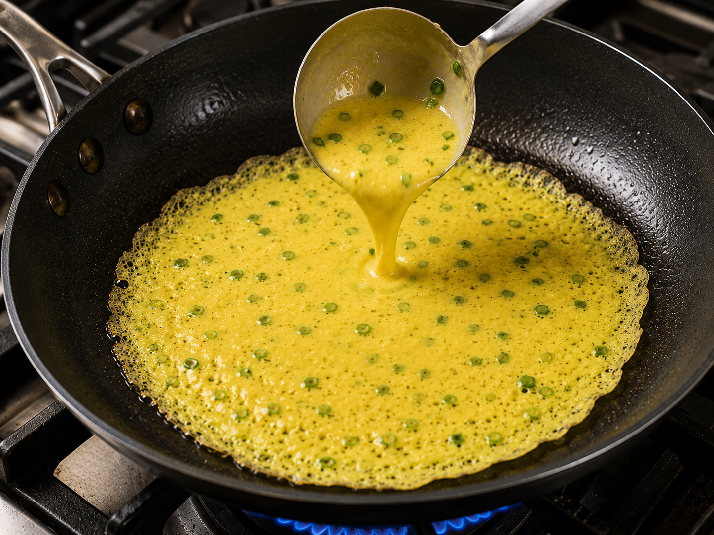 Yellow bánh xèo batter with scallions being poured into a hot skillet to form a thin sizzling pancake.
