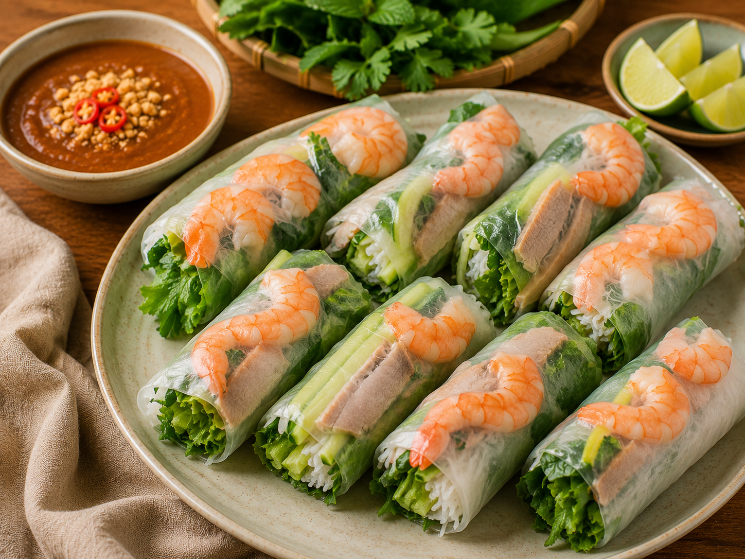 Finished gỏi cuốn Vietnamese fresh spring rolls filled with visible pork, shrimp, rice noodles, lettuce, cucumber, and herbs served with peanut-hoisin dipping sauce.
