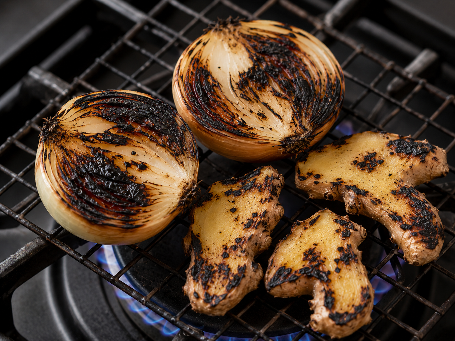 Onion halves and ginger pieces for phở bò charred over a gas flame until blackened, blistered, and fragrant.