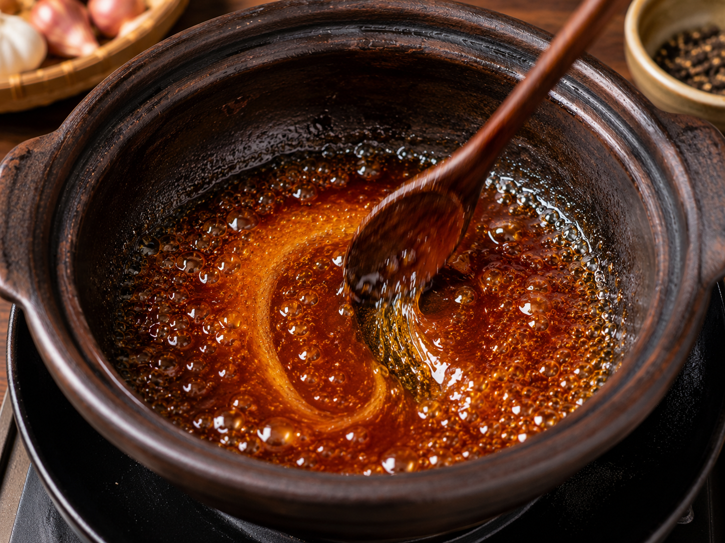 Deep amber sugar caramel bubbling in a clay pot while being stirred for cá kho tộ.
