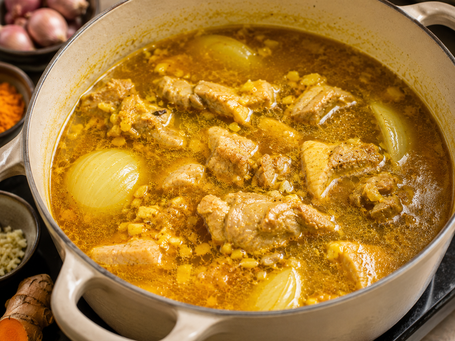 Golden Mì Quảng broth simmering with pork, turmeric, onion, garlic, and shallots in a pot.