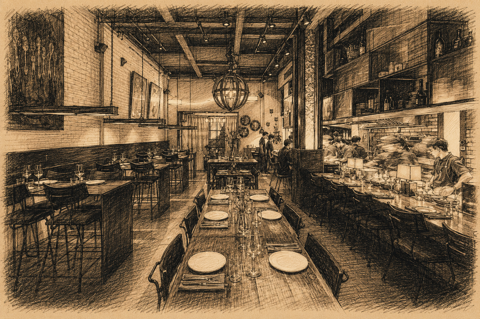 Hand-drawn sepia pencil-and-ink sketch of Quince Saigon in Ho Chi Minh City, showing the rustic industrial dining room, long wooden tables, open kitchen, chefs, warm lighting, and intimate luxury restaurant atmosphere.