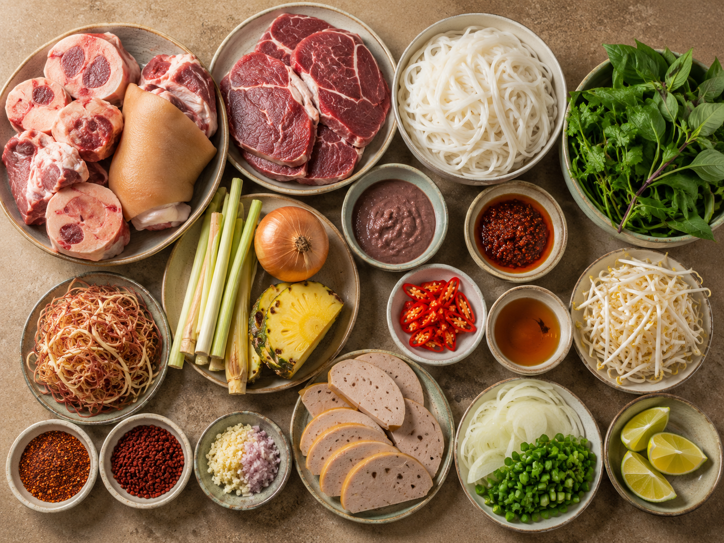 Ingredients for bún bò Huế arranged on a neutral surface, including beef bones, pork hock, beef shank, thick rice noodles, lemongrass, mắm ruốc, herbs, lime, chili, and aromatics.