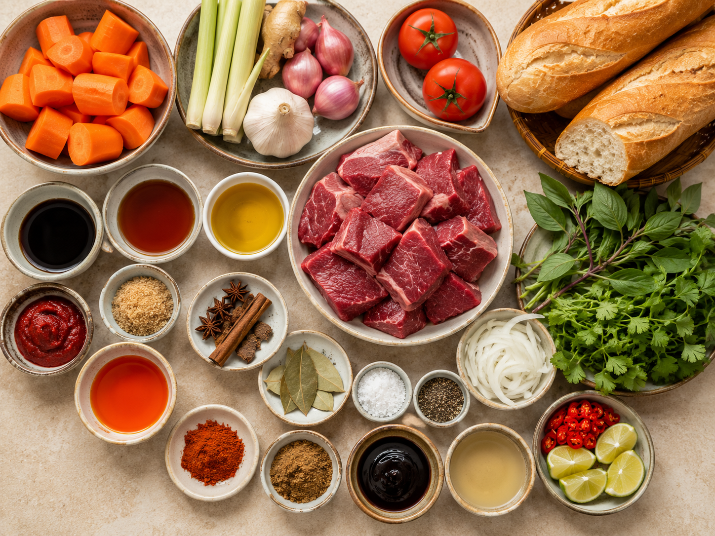Ingredients for bò kho including beef, carrots, lemongrass, tomatoes, warm spices, herbs, lime, and baguette.