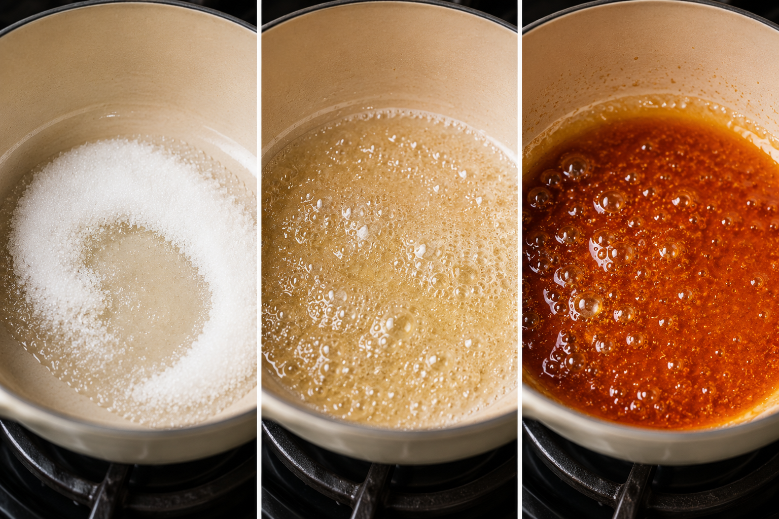 Sugar melting and darkening from clear syrup to deep amber caramel for thịt kho trứng.