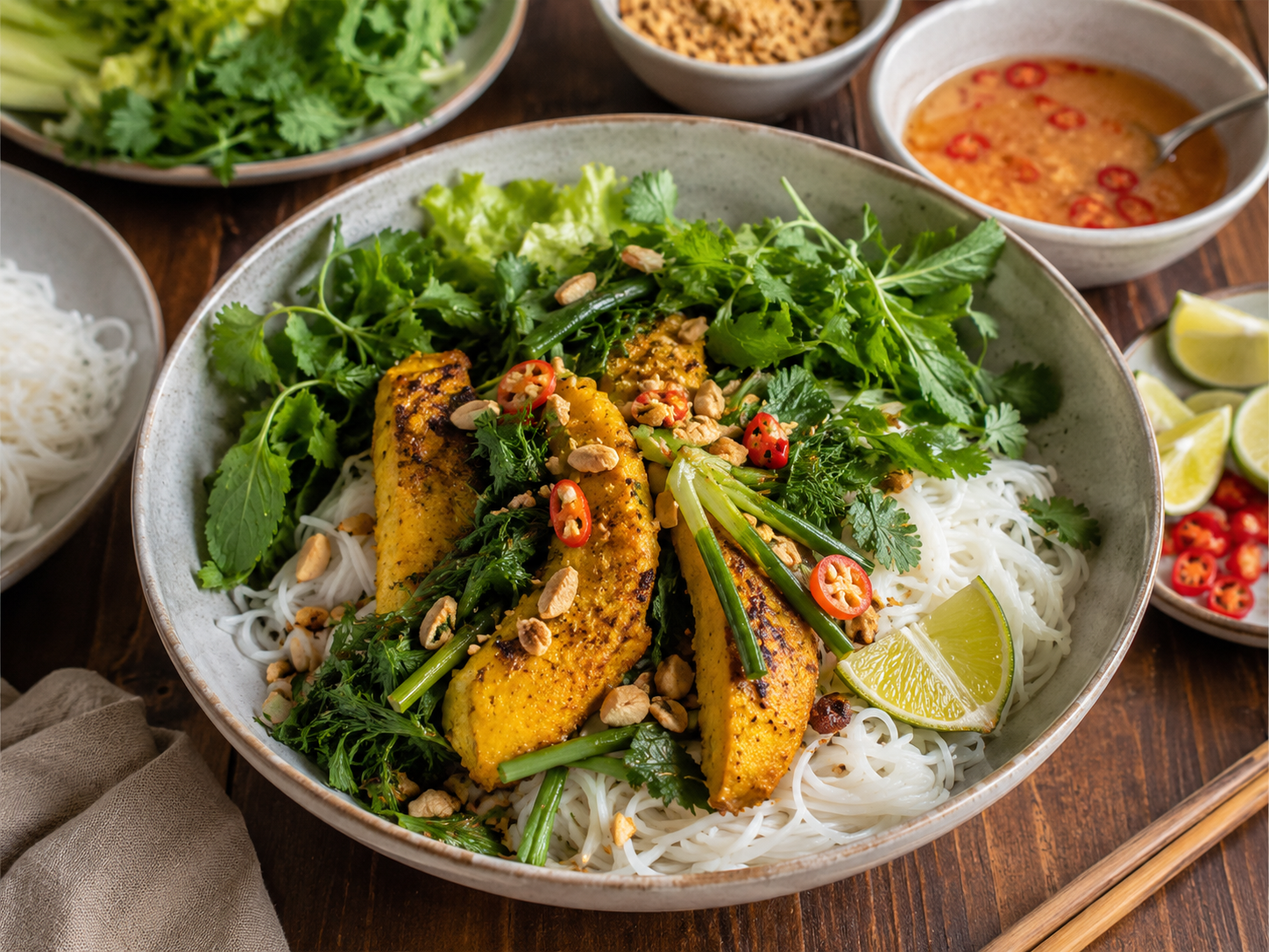 A bowl of Chả Cá Lã Vọng assembled with rice noodles, turmeric fish, dill, scallions, herbs, peanuts, lime, and shrimp paste sauce.