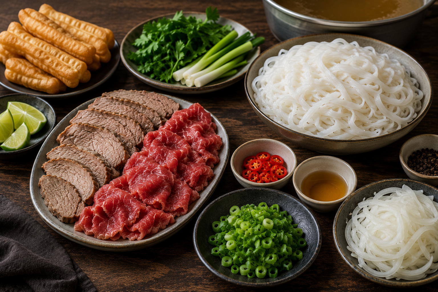 Thinly sliced raw beef, cooked brisket, wide bánh phở noodles, scallions, cilantro, onion, lime, chilies, quẩy, black pepper, and broth prepared for Northern-style phở bò.