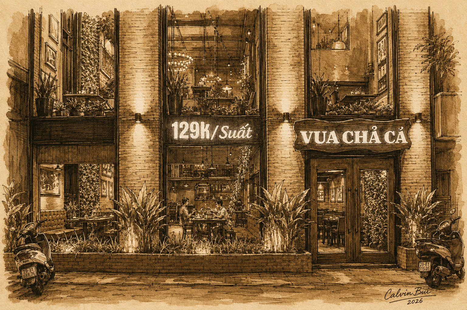 Hand-drawn sepia urban sketch of the Vua Chả Cá restaurant storefront in Hanoi with warm brick walls, large glass windows, glowing interior lights, plants, and parked scooters outside.