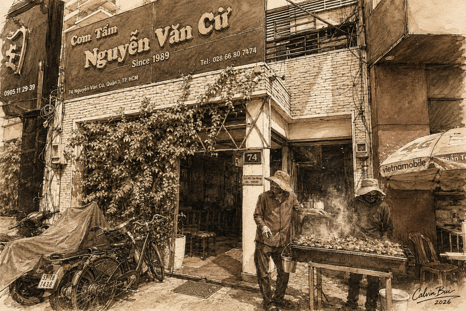 Hand-drawn sepia urban sketch of Cơm Tấm Nguyễn Văn Cừ in Saigon, showing the blue storefront sign, sidewalk grill, smoke, motorbikes, greenery, and street-side cooking scene.
