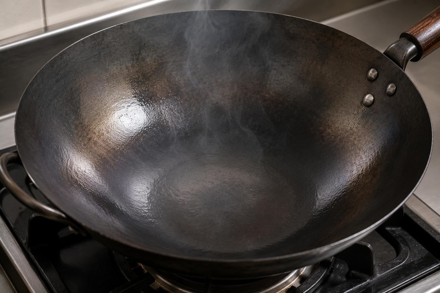 A carbon-steel wok heating over a gas burner until faint wisps of smoke appear for rau muống xào tỏi.