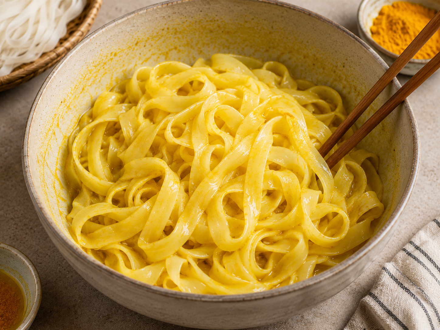Wide rice noodles for Mì Quảng tossed with turmeric oil in a ceramic bowl before assembly.