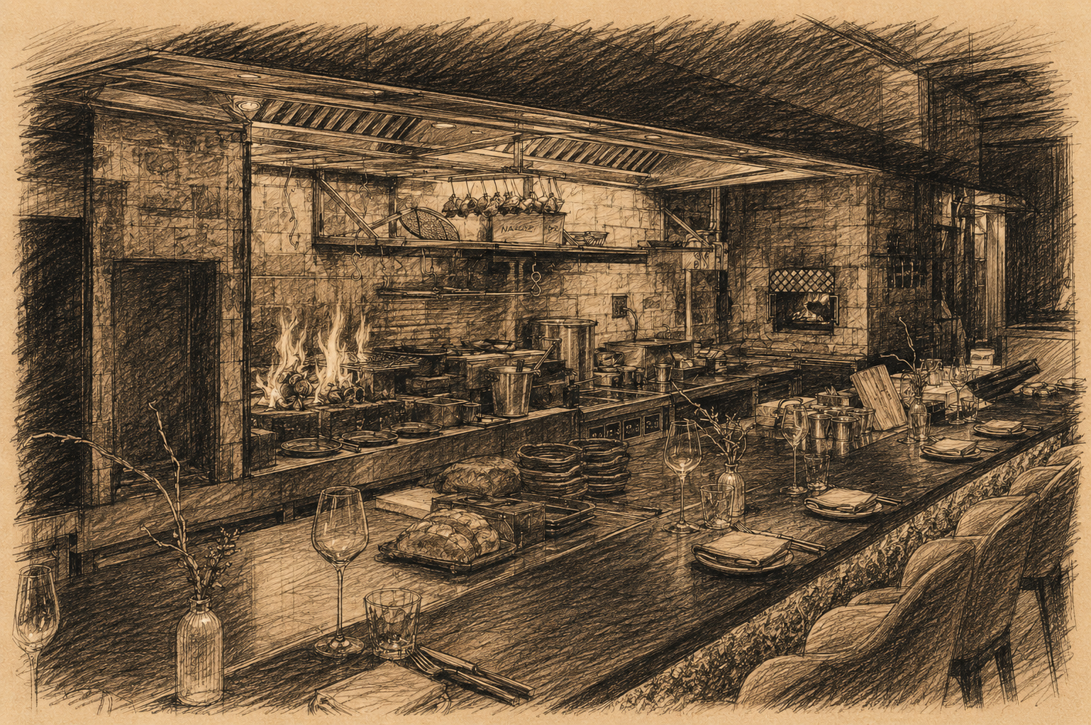 Hand-drawn sepia pencil-and-ink sketch of Esta in Ho Chi Minh City, showing the open-fire kitchen, long chef’s counter, brick wall, glassware, place settings, and moody luxury dining room.