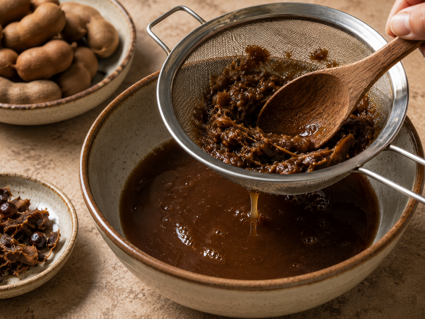Tamarind pulp being pressed through a fine-mesh strainer to extract the sour tamarind liquid for canh chua cá.