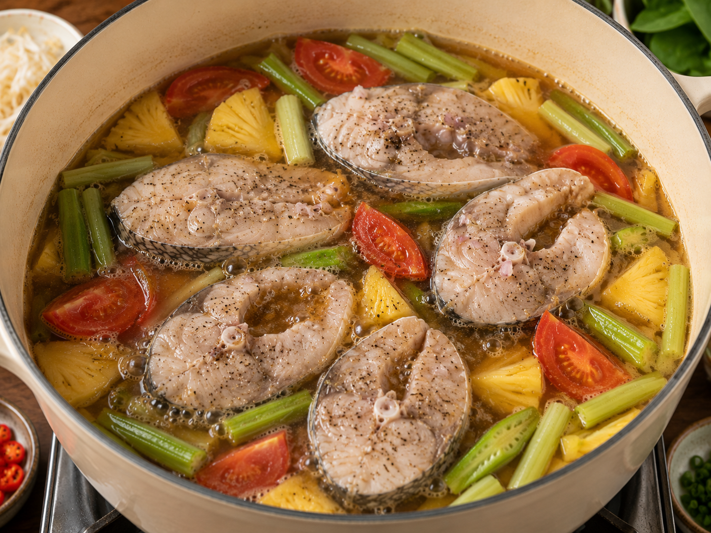 Fish steaks gently simmering in tamarind broth with pineapple, tomatoes, okra, and elephant ear stems for canh chua cá.
