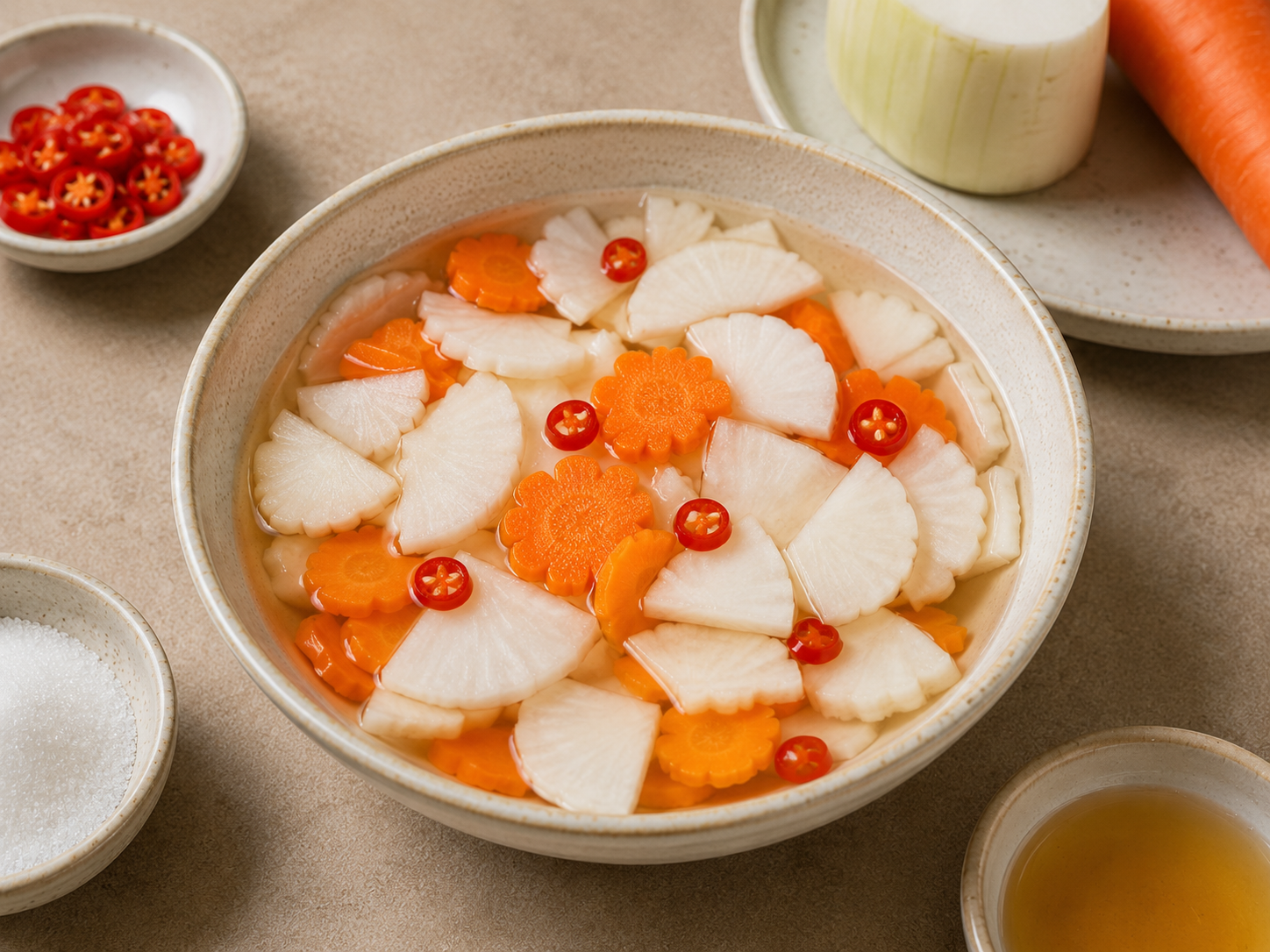 Sliced pickled daikon and carrot for bún chả soaking in a light vinegar brine with red chili, whole carrot, daikon, sugar, and vinegar nearby.