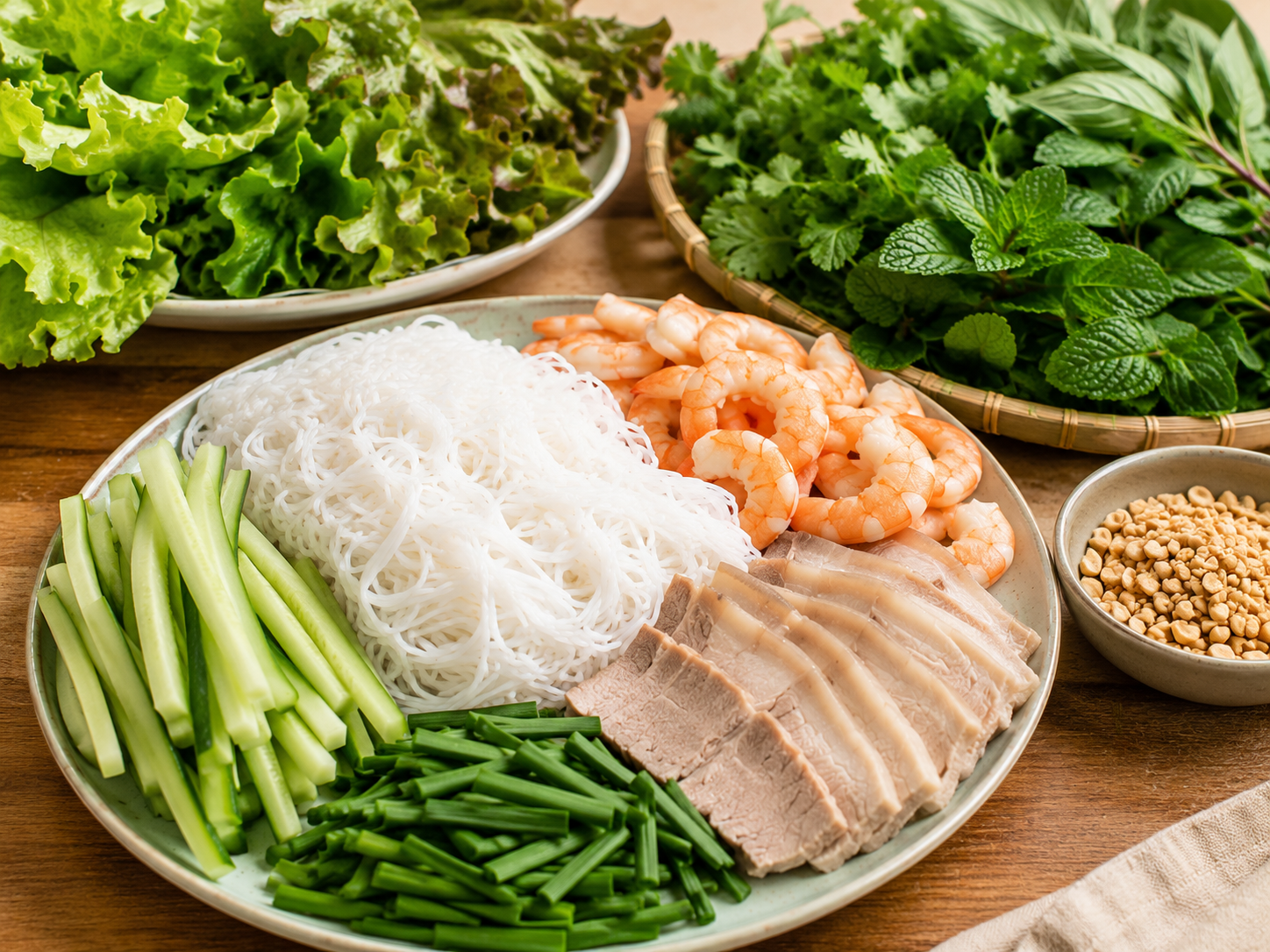 Cooked rice vermicelli noodles and fresh herbs prepared for gỏi cuốn Vietnamese fresh spring rolls.