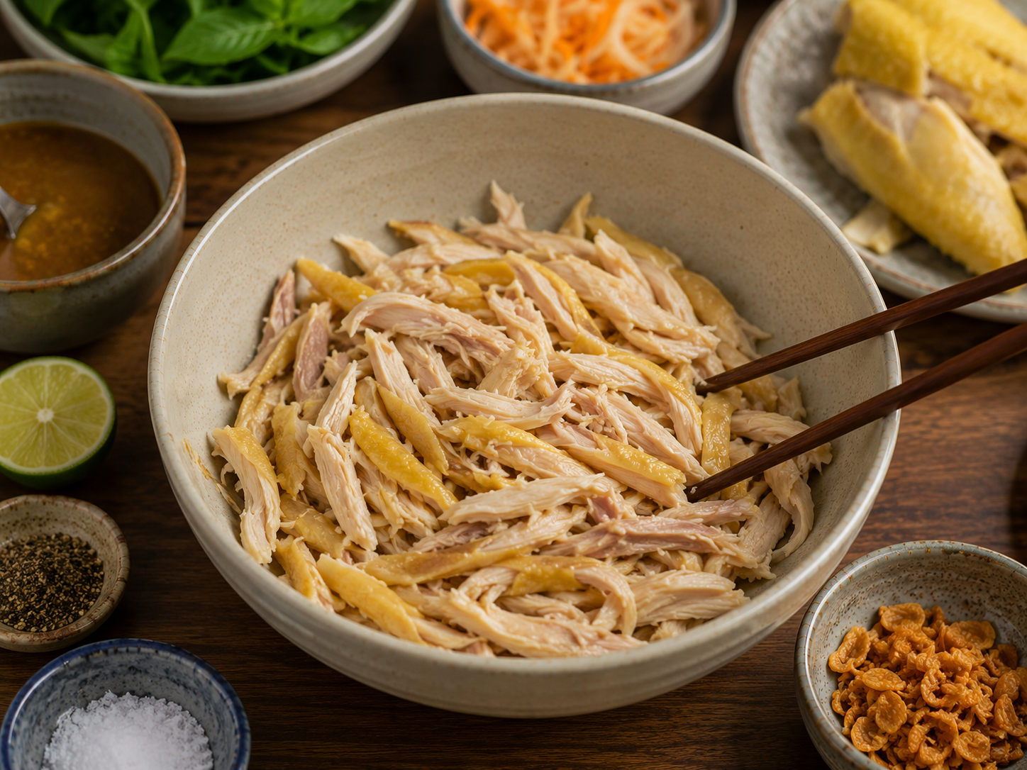 Shredded poached chicken with skin being seasoned with lime, black pepper, salt, rau răm, and fried shallots for cơm gà Hội An.