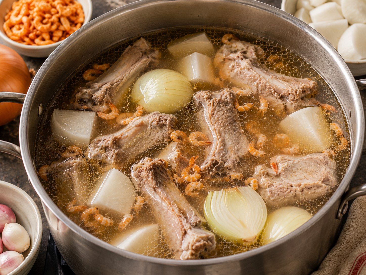 Bánh canh cua broth simmering with pork bones, onion, daikon, and dried shrimp in a large pot.