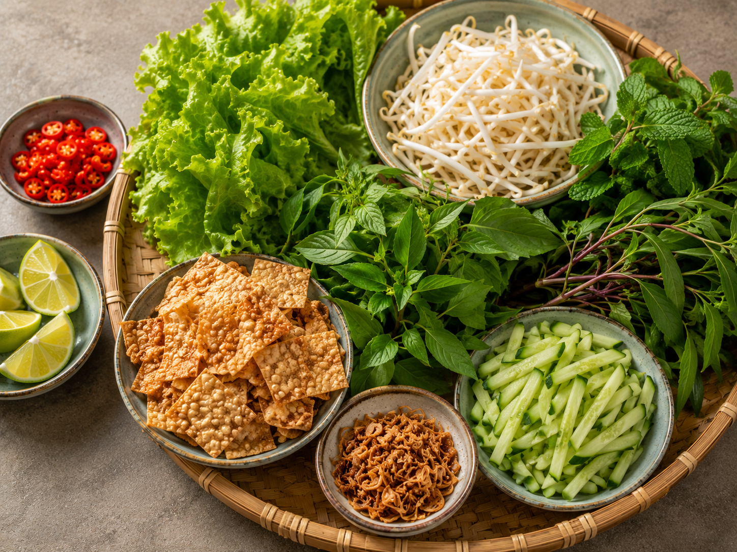 Fresh herbs, lettuce, bean sprouts, cucumber, lime wedges, fried shallots, sliced chile, and crispy crackers prepared for assembling cao lầu.