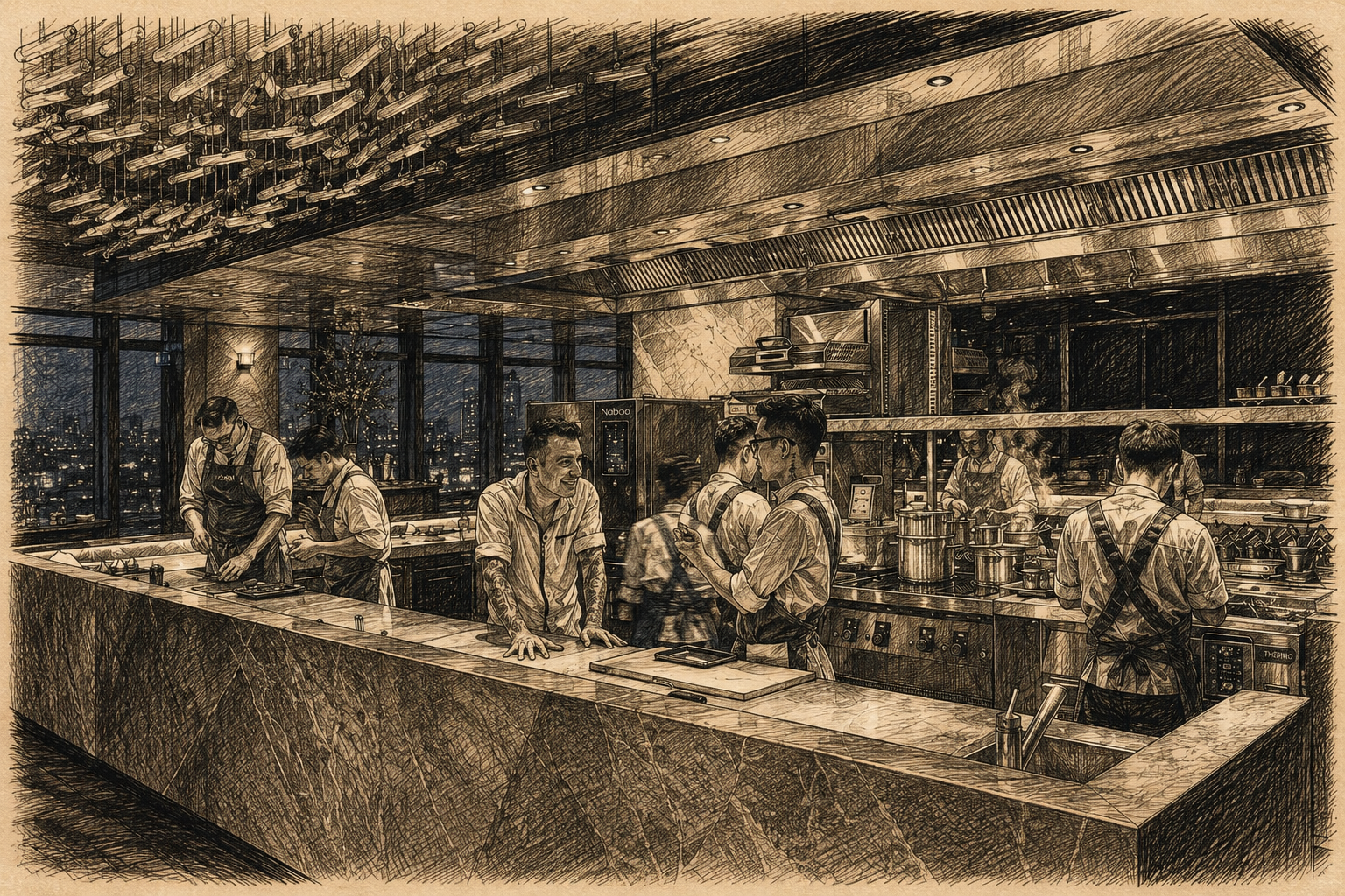 Hand-drawn editorial sketch of Akuna Restaurant at Le Méridien Saigon, showing the open kitchen, stone chef’s counter, suspended glass light installation, chefs in motion, and evening city views.