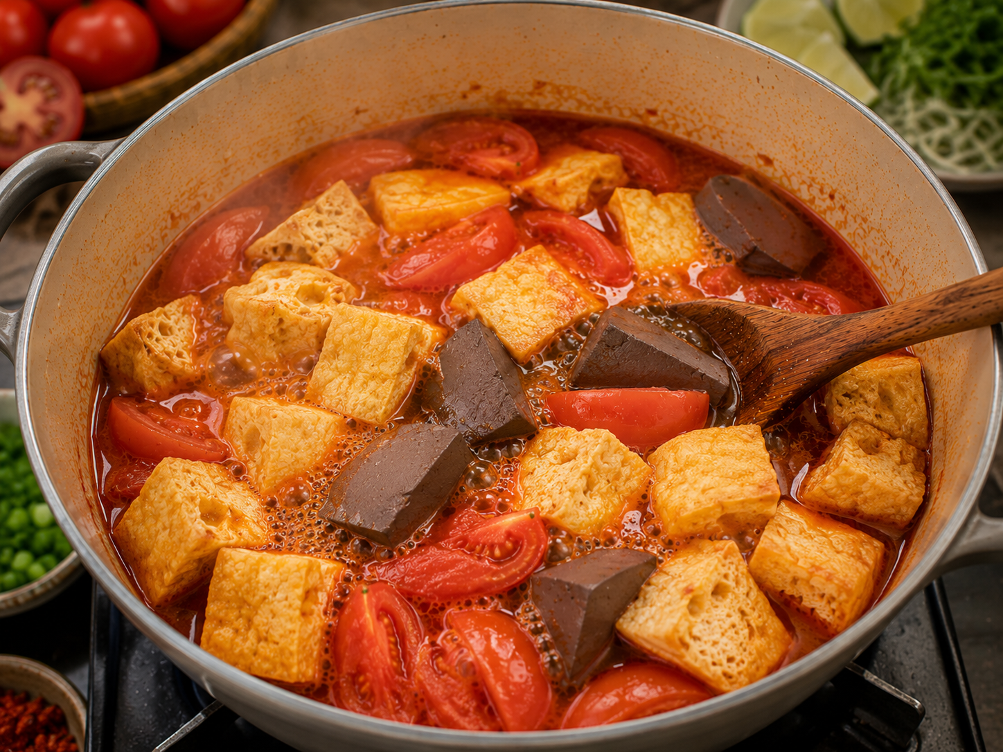 Fried tofu and optional pork blood cake simmering in bún riêu tomato broth with tomato wedges and steam.