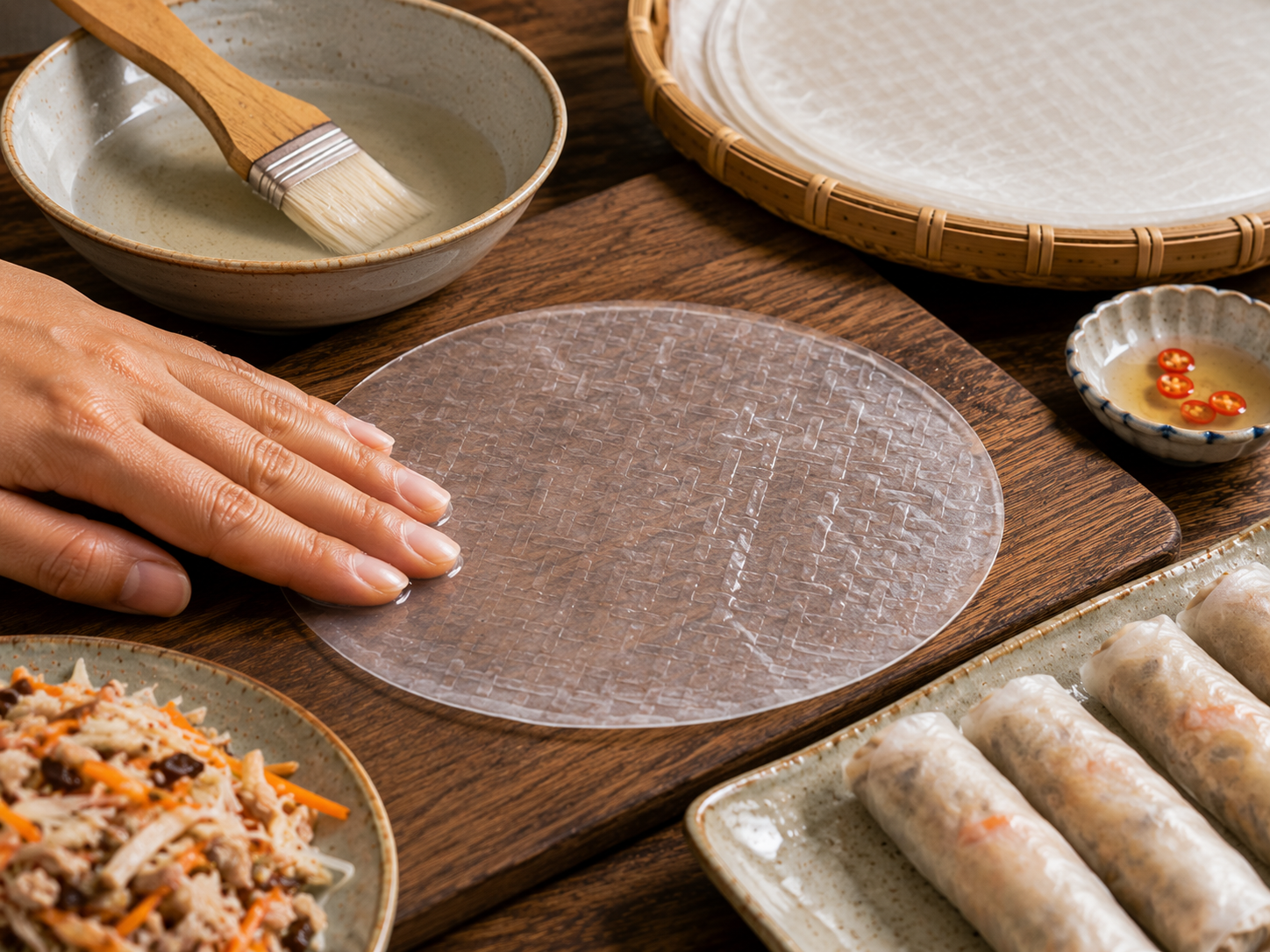 A Vietnamese rice-paper wrapper being lightly moistened before rolling chả giò, with the prepared filling and finished rolls nearby.