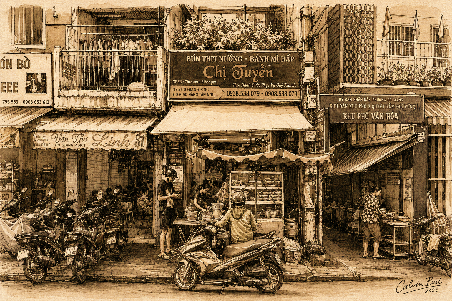 Hand-drawn sepia urban sketch of Bún Thịt Nướng Chị Tuyền on Cô Giang Street in Saigon with the storefront sign, sidewalk food stall, parked motorbikes, neighboring shops, and everyday street atmosphere.