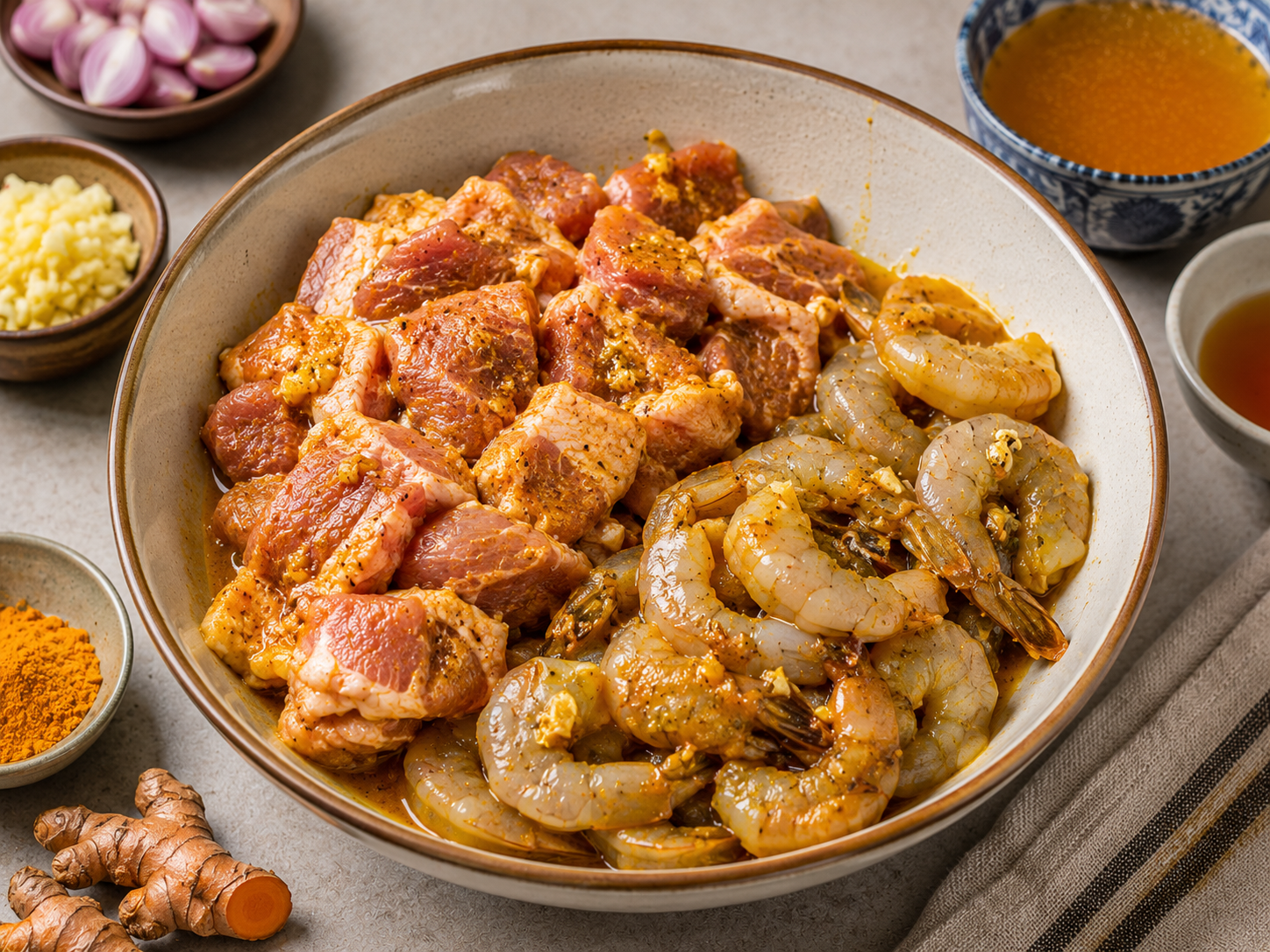 Pork and shrimp for Mì Quảng marinating with turmeric, garlic, shallots, fish sauce, and black pepper in a ceramic bowl.