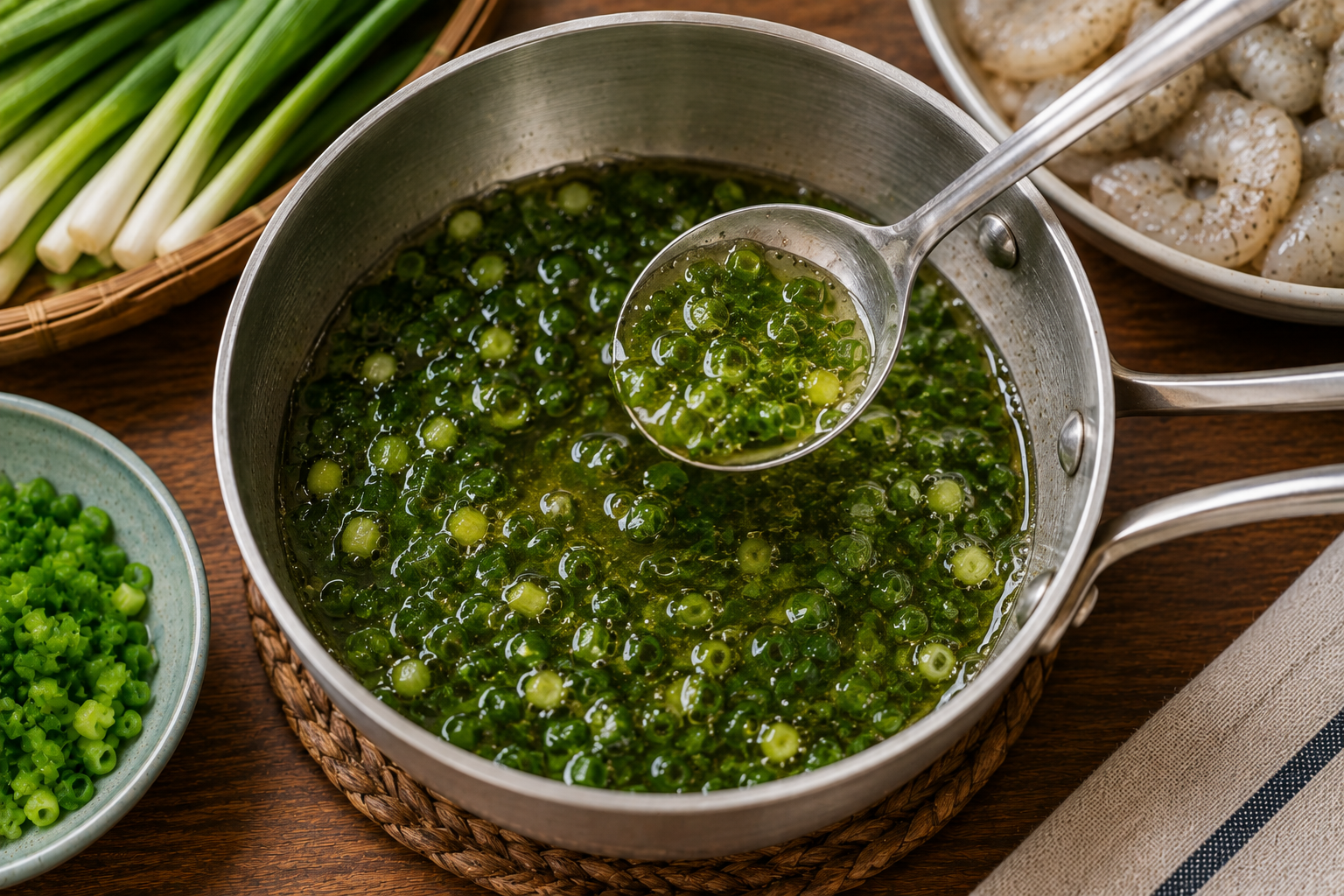 Bright green scallion oil for bánh khọt made with sliced scallions, salt, and hot oil in a small saucepan.