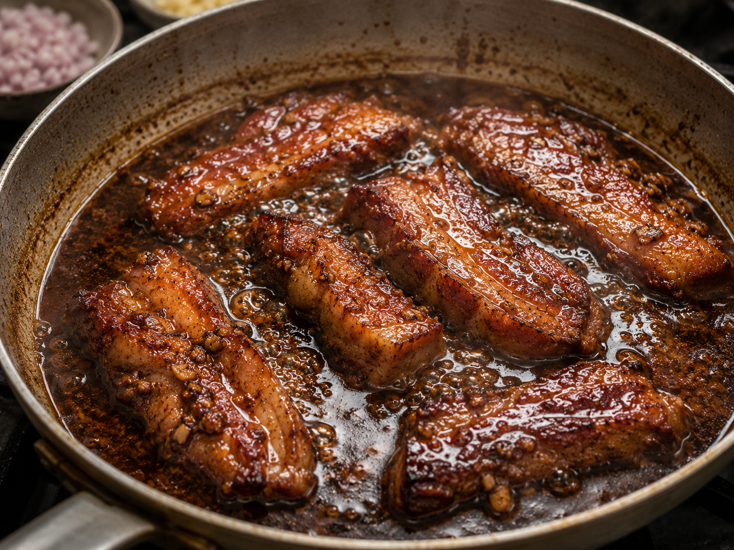 Pork for cao lầu braising in a dark savory sauce until glossy, tender, and deeply caramelized.