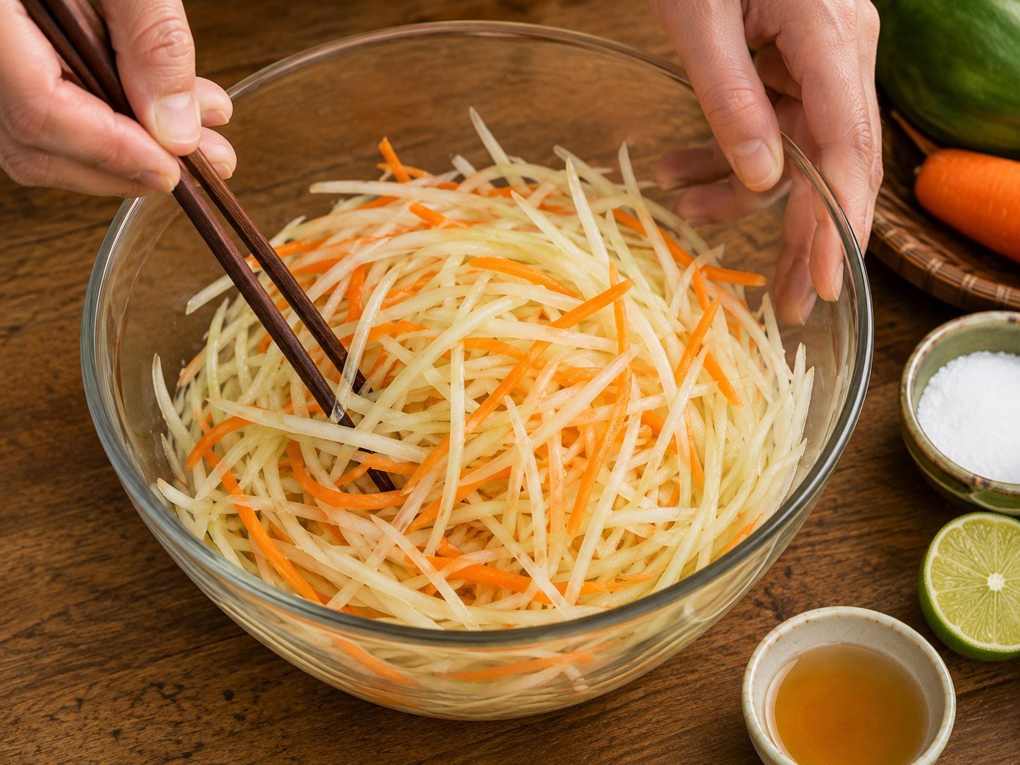 Shredded green papaya and carrot being mixed with sweet-sour pickling liquid for cơm gà Hội An.