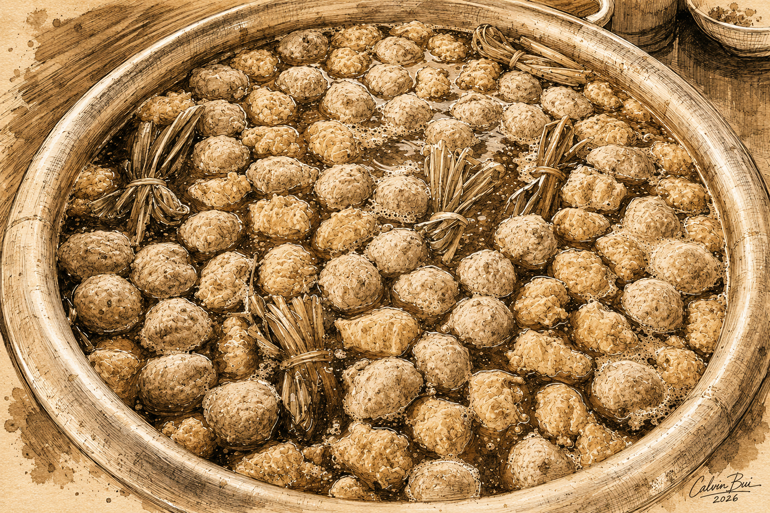 Hand-drawn sepia food sketch of a large pot of bún bò Huế broth filled with beef balls, chả cua, lemongrass bundles, chili oil, and simmering aromatics.