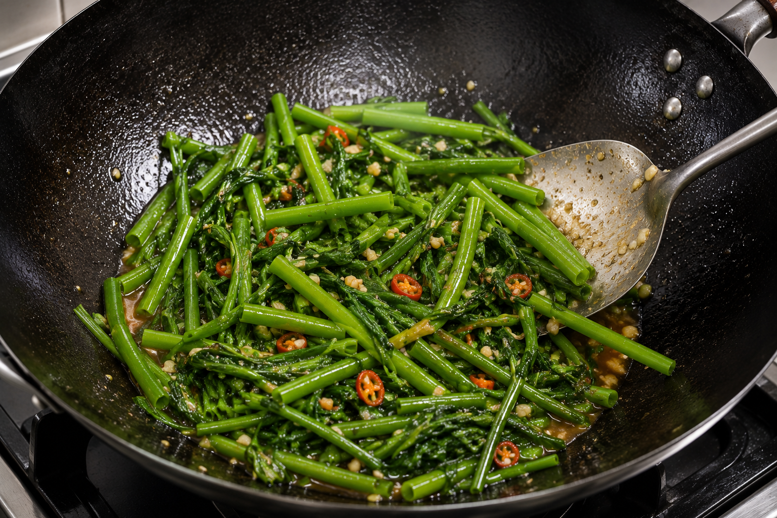 Rau muống xào tỏi being stir-fried in a hot wok with garlic, red chili, and savory seasoning sauce.