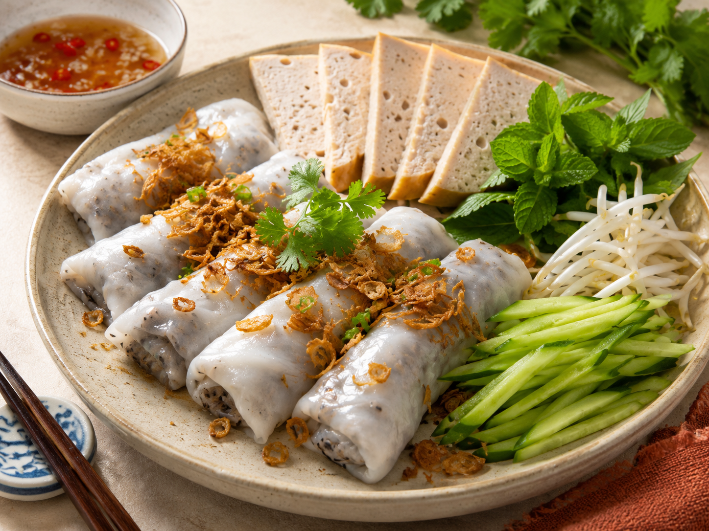 Bánh cuốn Vietnamese steamed rice rolls with pork and mushroom filling, fried shallots, herbs, chả lụa, cucumber, bean sprouts, and dipping fish sauce.