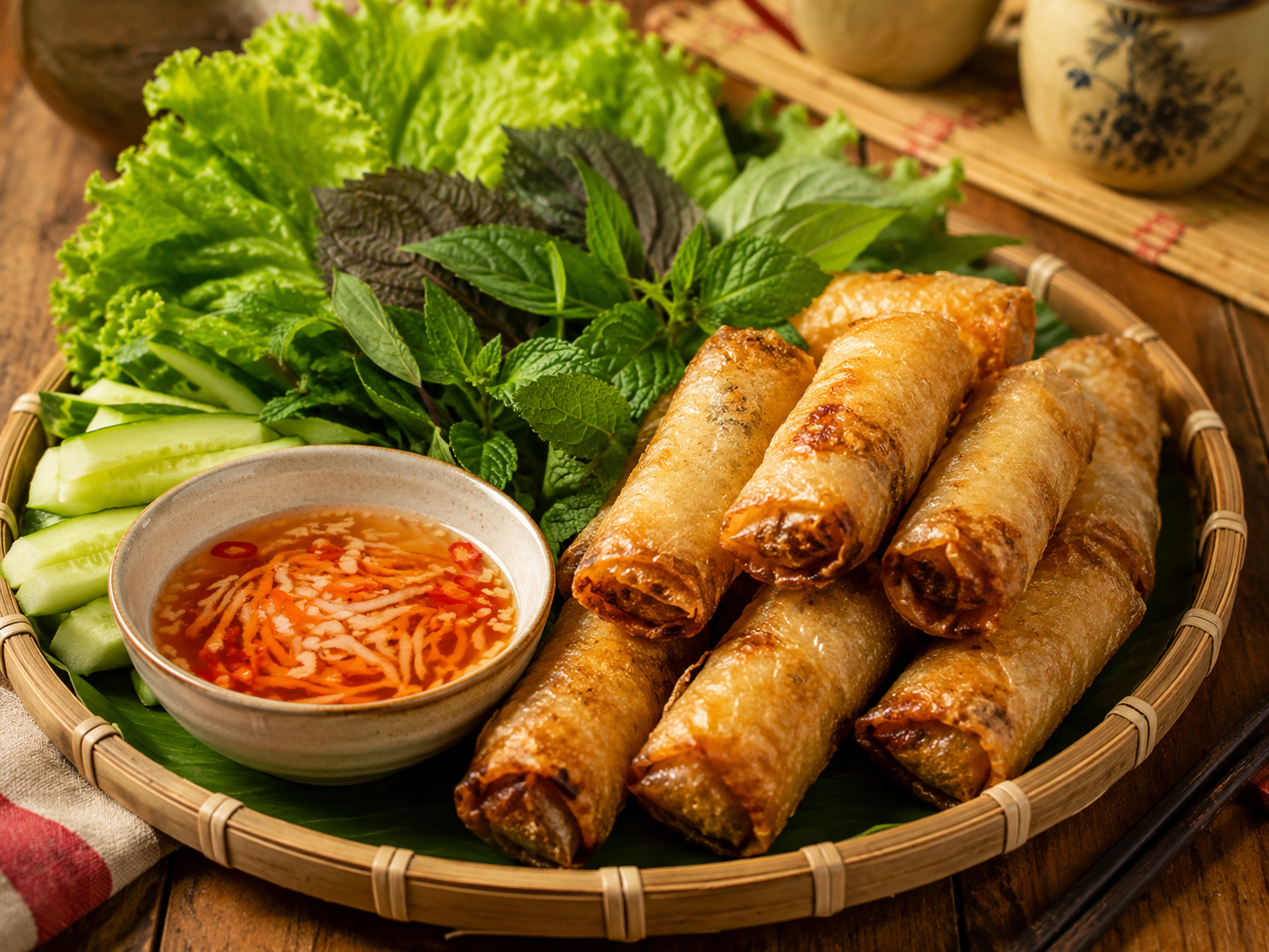 Golden Vietnamese chả giò served with lettuce, fresh herbs, cucumber, and nước chấm dipping sauce.