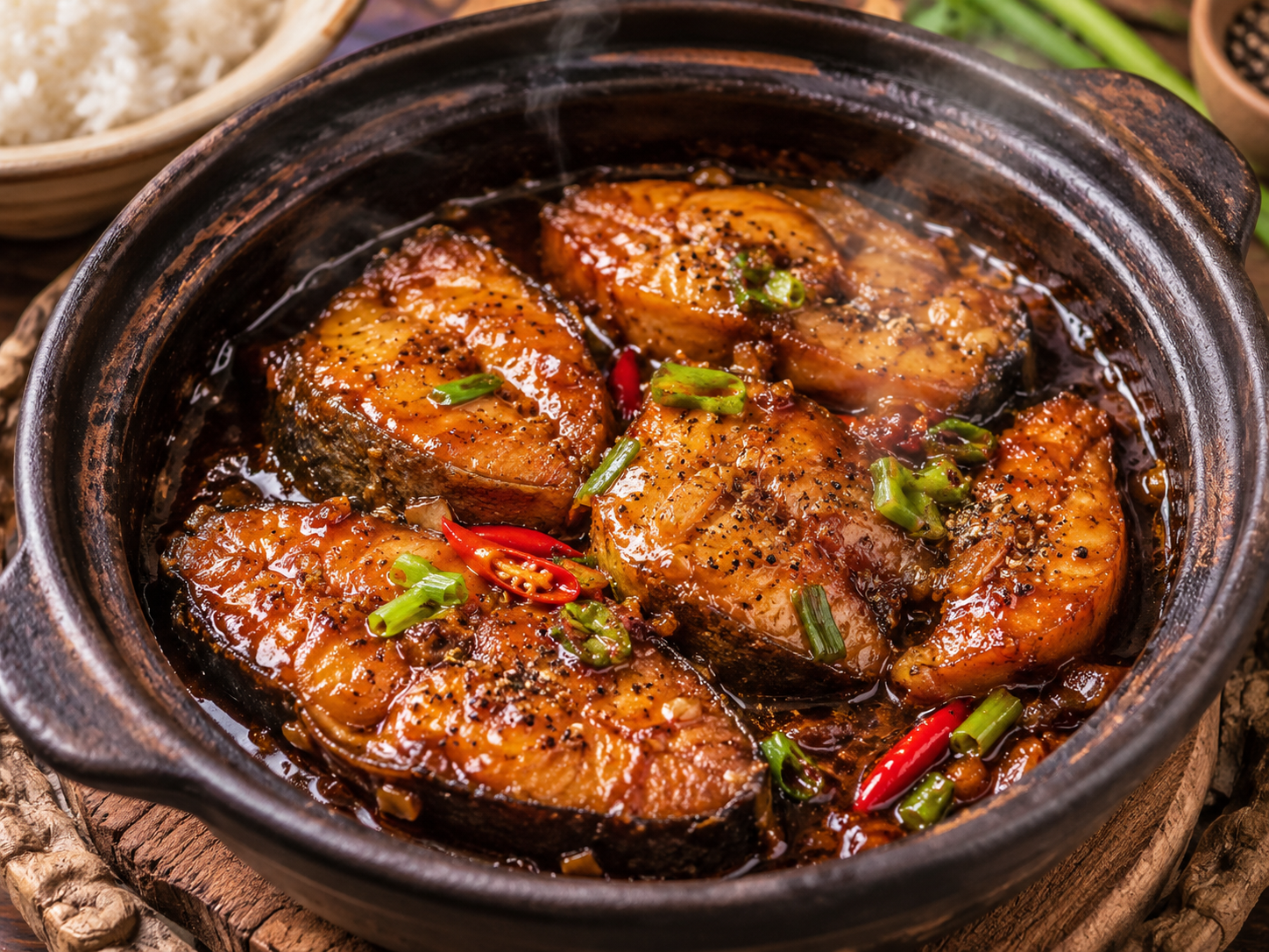 Cá kho tộ with caramelized catfish steaks in a dark clay pot, finished with black pepper, green onions, and red chiles beside steamed rice.