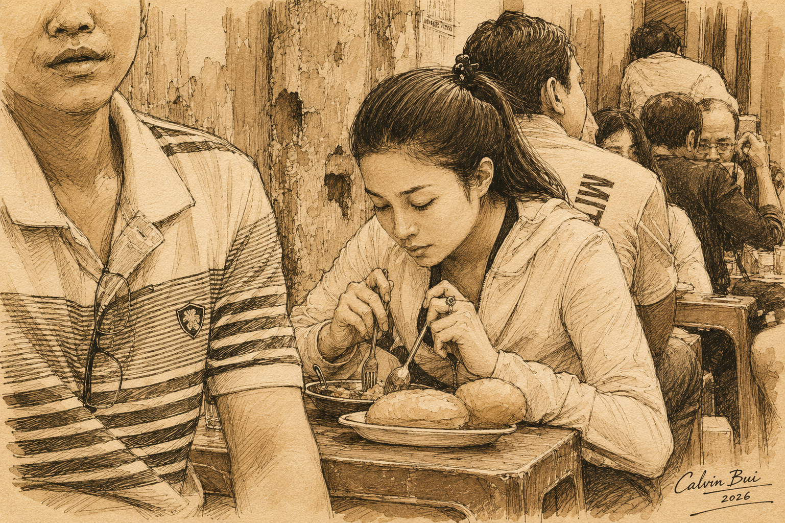 A sepia hand-drawn sketch of a woman eating bánh mì chảo at Bánh Mì Hòa Mã in Saigon, seated at a low red street-side table with baguettes, nearby diners, and the tight alley breakfast atmosphere of District 3.