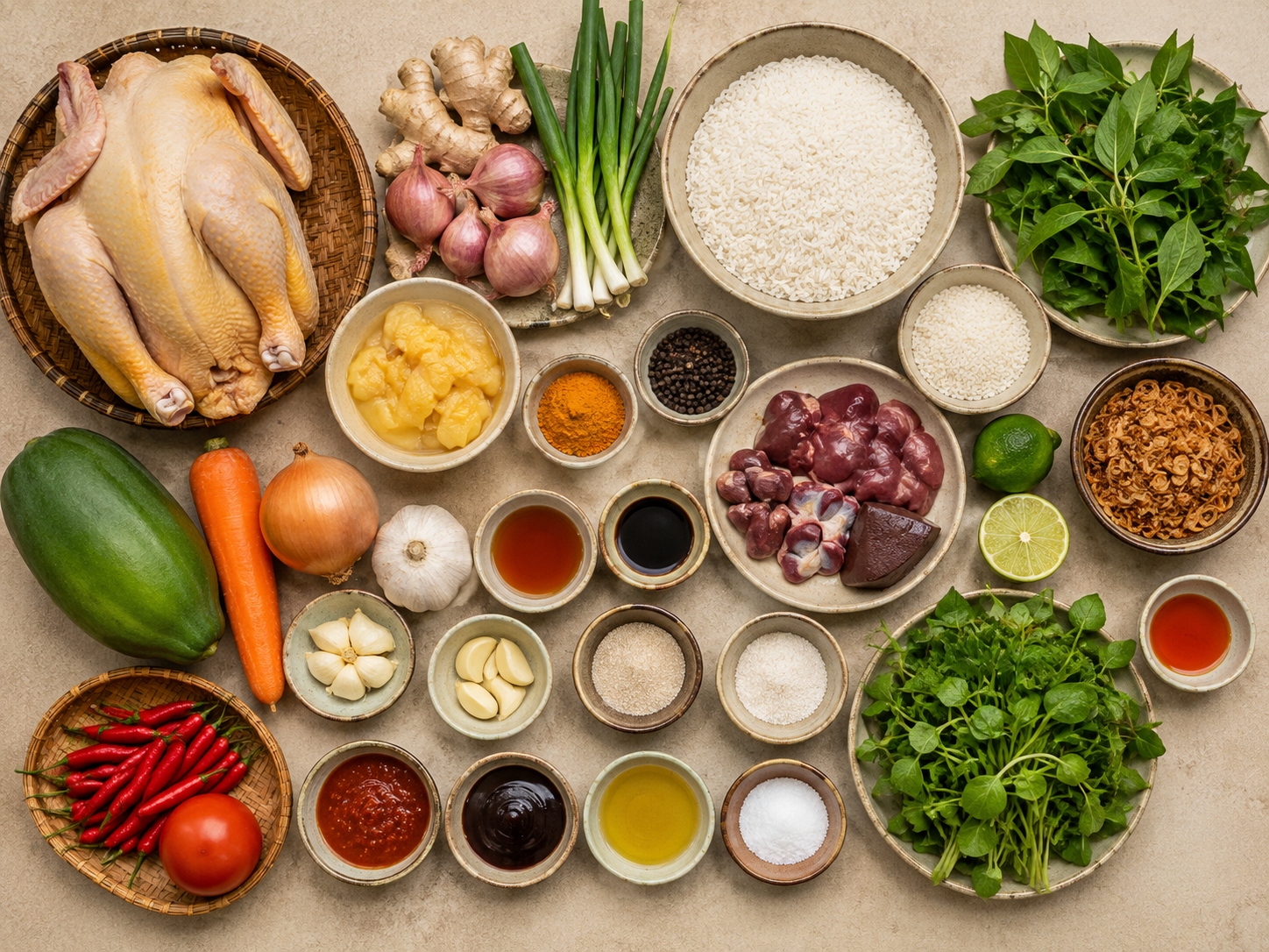 Ingredients for cơm gà Hội An arranged with whole chicken, jasmine rice, turmeric, green papaya, carrot, rau răm, chilies, garlic, shallots, lime, fried shallots, chicken giblets, and Vietnamese seasonings.