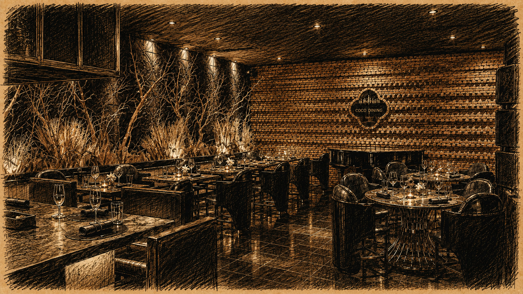 Hand-drawn editorial sketch of CoCo Dining in Ho Chi Minh City, showing its moody dining room with exposed brick wall, dark leather seating, polished table settings, warm low lighting, and intimate Michelin-starred tasting-menu atmosphere.