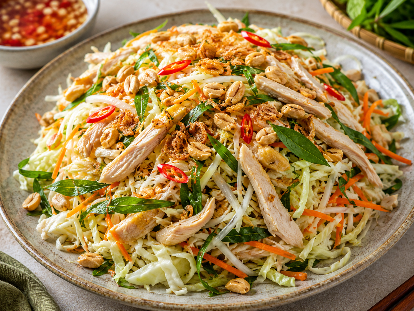 Gỏi gà bắp cải topped with shredded chicken, crisp cabbage, carrot, rau răm, roasted peanuts, fried shallots, and sliced red chili.