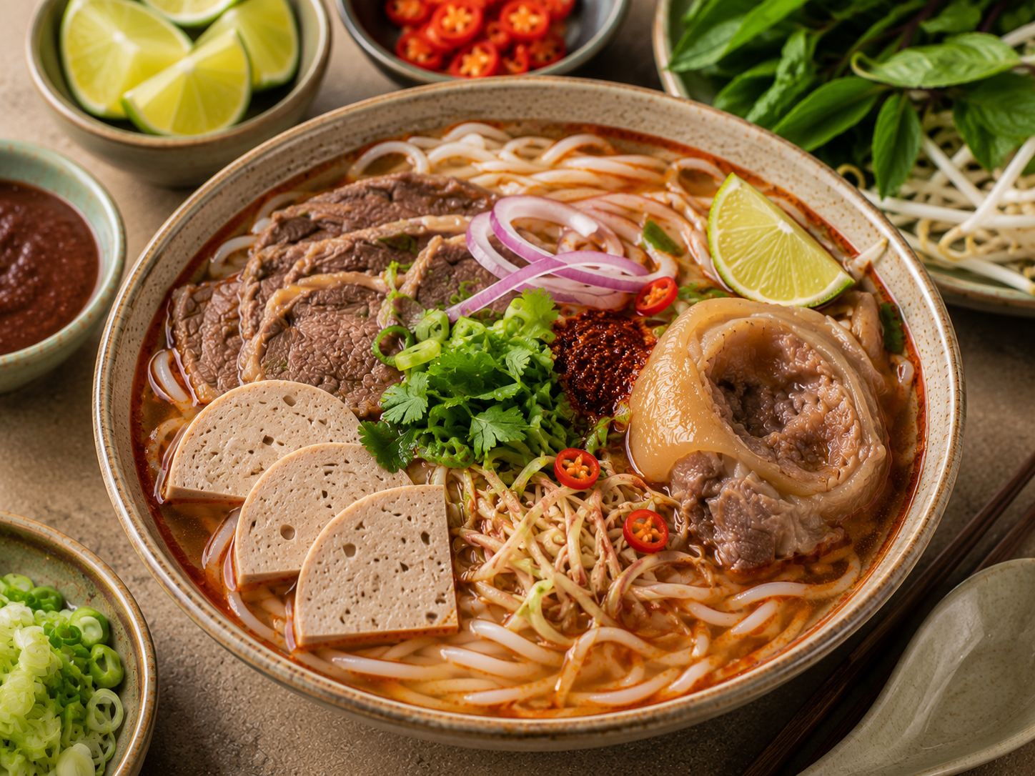 A bowl of bún bò Huế being assembled with thick rice noodles, sliced beef, pork hock, Vietnamese sausage, onion, herbs, lime, chili, and red lemongrass broth.