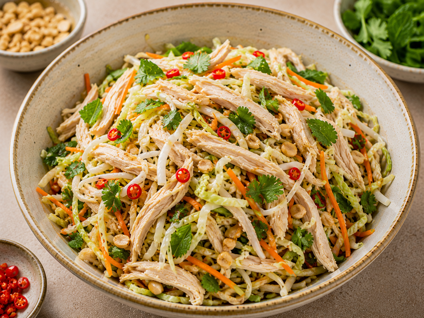 Finished gỏi gà bắp cải with shredded chicken, crisp cabbage, carrot, rau răm, roasted peanuts, fried shallots, and sliced red chili.