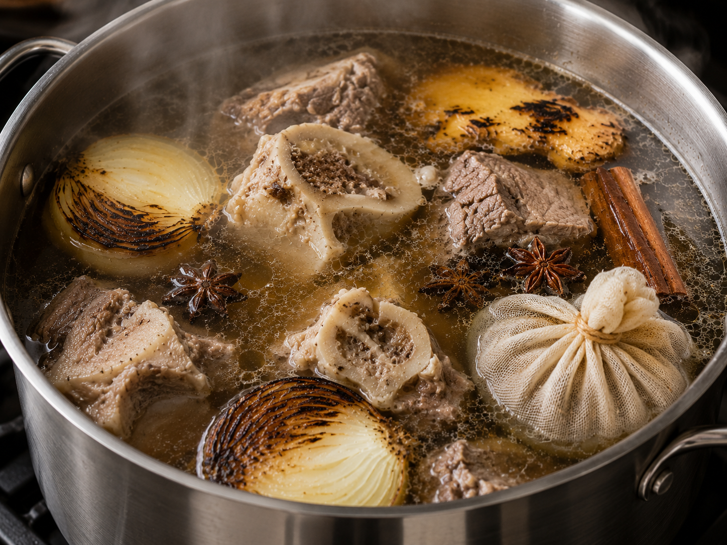 A pot of phở bò broth gently simmering with cleaned beef bones, brisket, charred onion, ginger, cinnamon, star anise, and a spice bag.