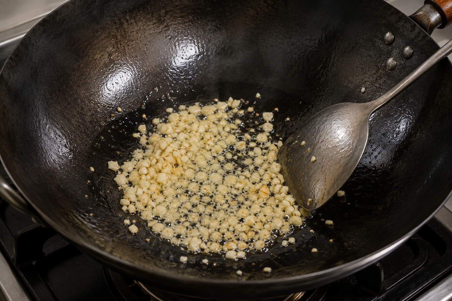 Chopped garlic frying gently in oil inside a hot wok for rau muống xào tỏi.