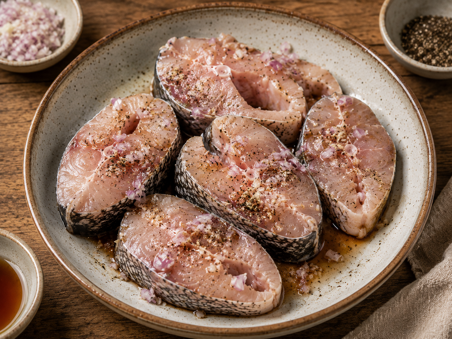Fish steaks for canh chua cá seasoned with fish sauce, minced shallot, sugar, and black pepper in a shallow ceramic bowl.