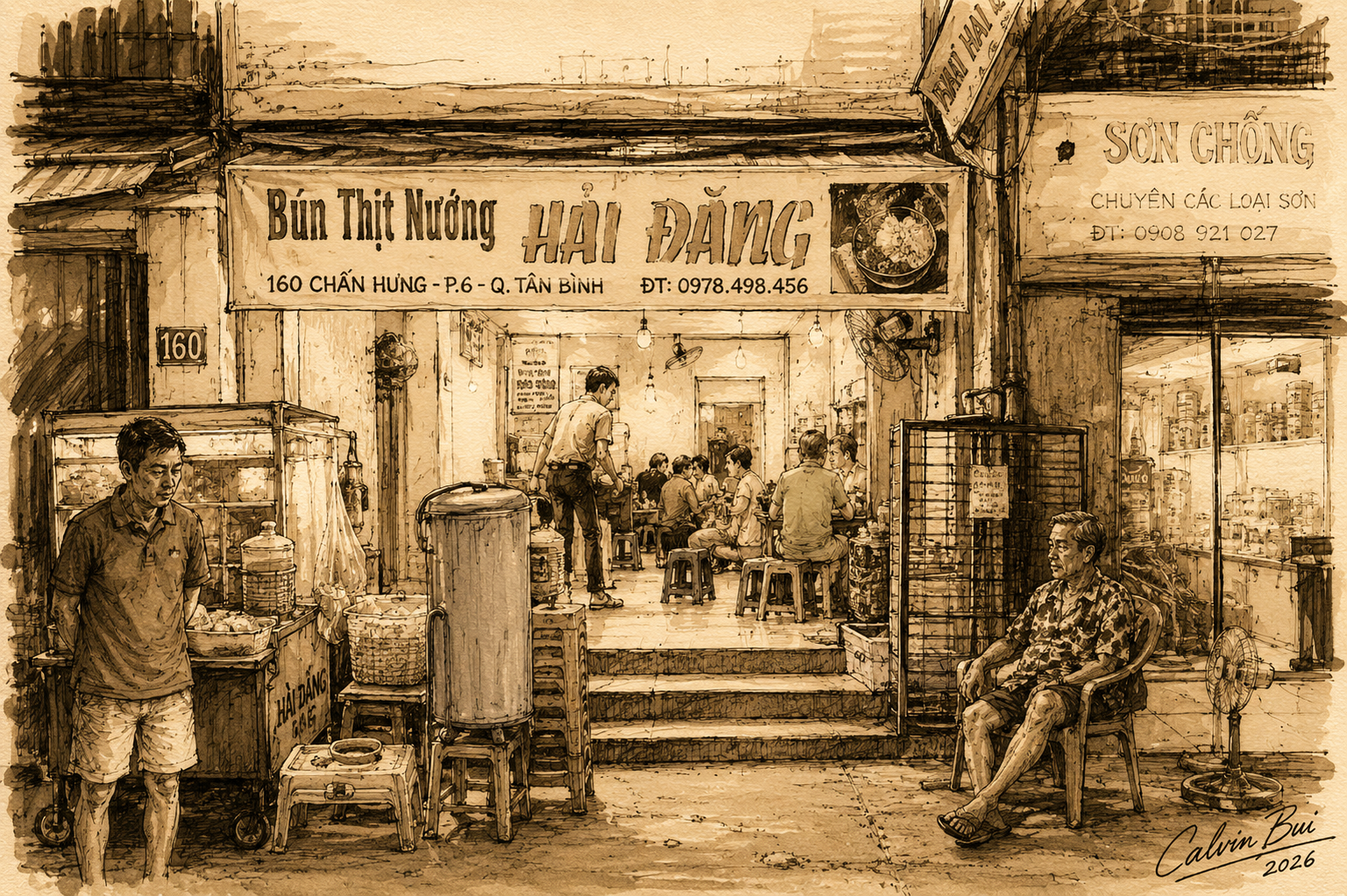 Hand-drawn sepia urban sketch of Bún Thịt Nướng Hải Đăng in Saigon with the storefront sign, sidewalk food cart, diners inside, plastic stools, neighboring shopfronts, and evening street atmosphere.