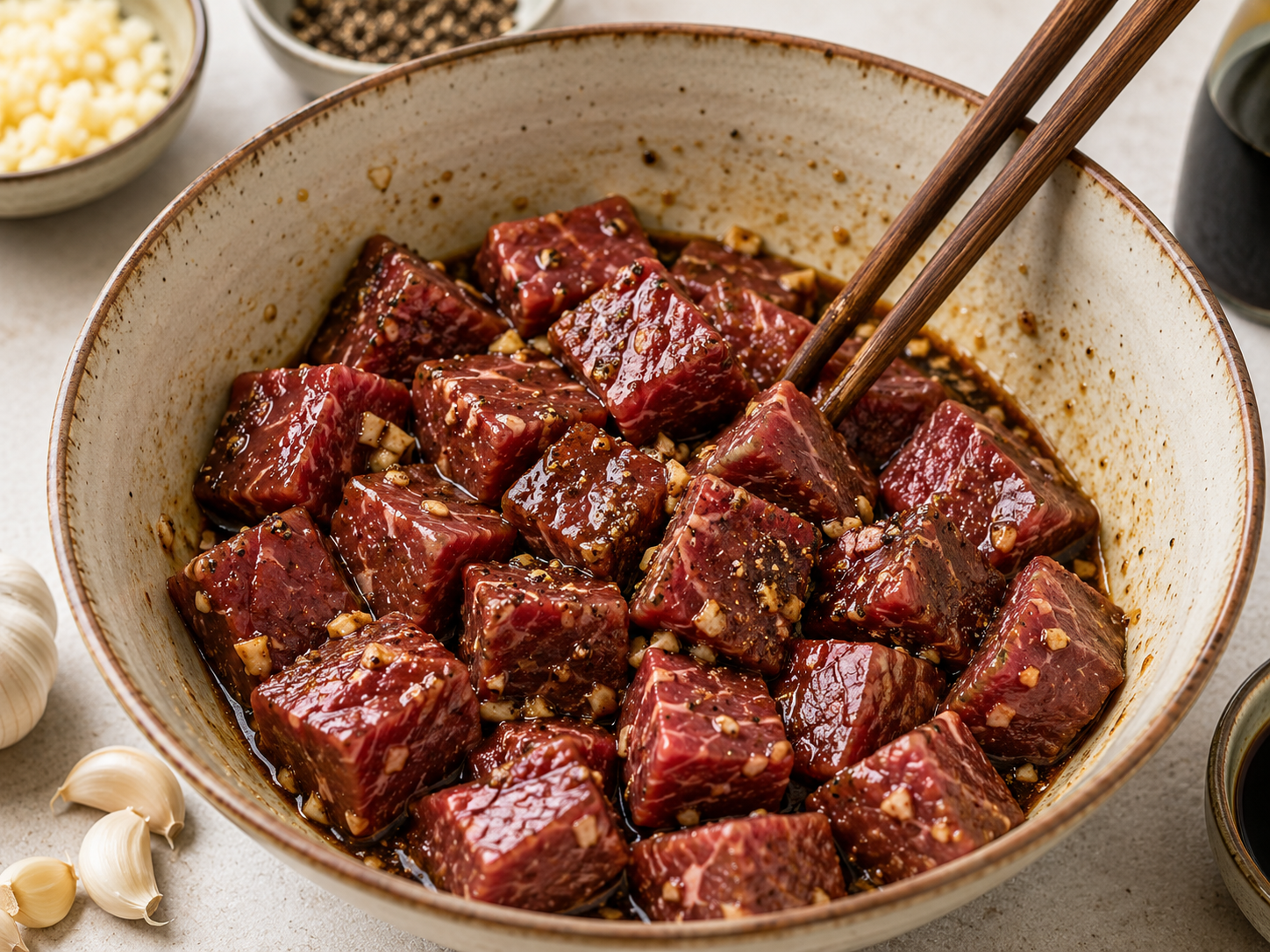 Cubed beef coated with garlic, black pepper, oyster sauce, fish sauce, soy sauce, and sugar for bò lúc lắc.