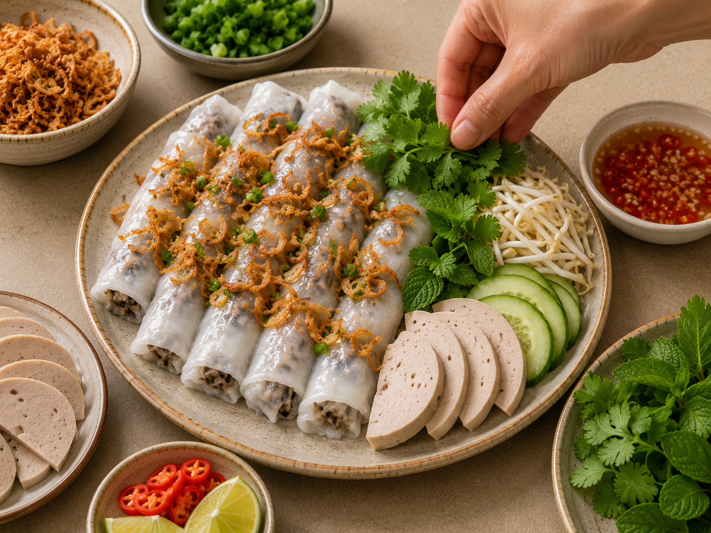 Bánh cuốn arranged on a serving plate with fried shallots, fresh herbs, cucumber, bean sprouts, chả lụa, and nước chấm.