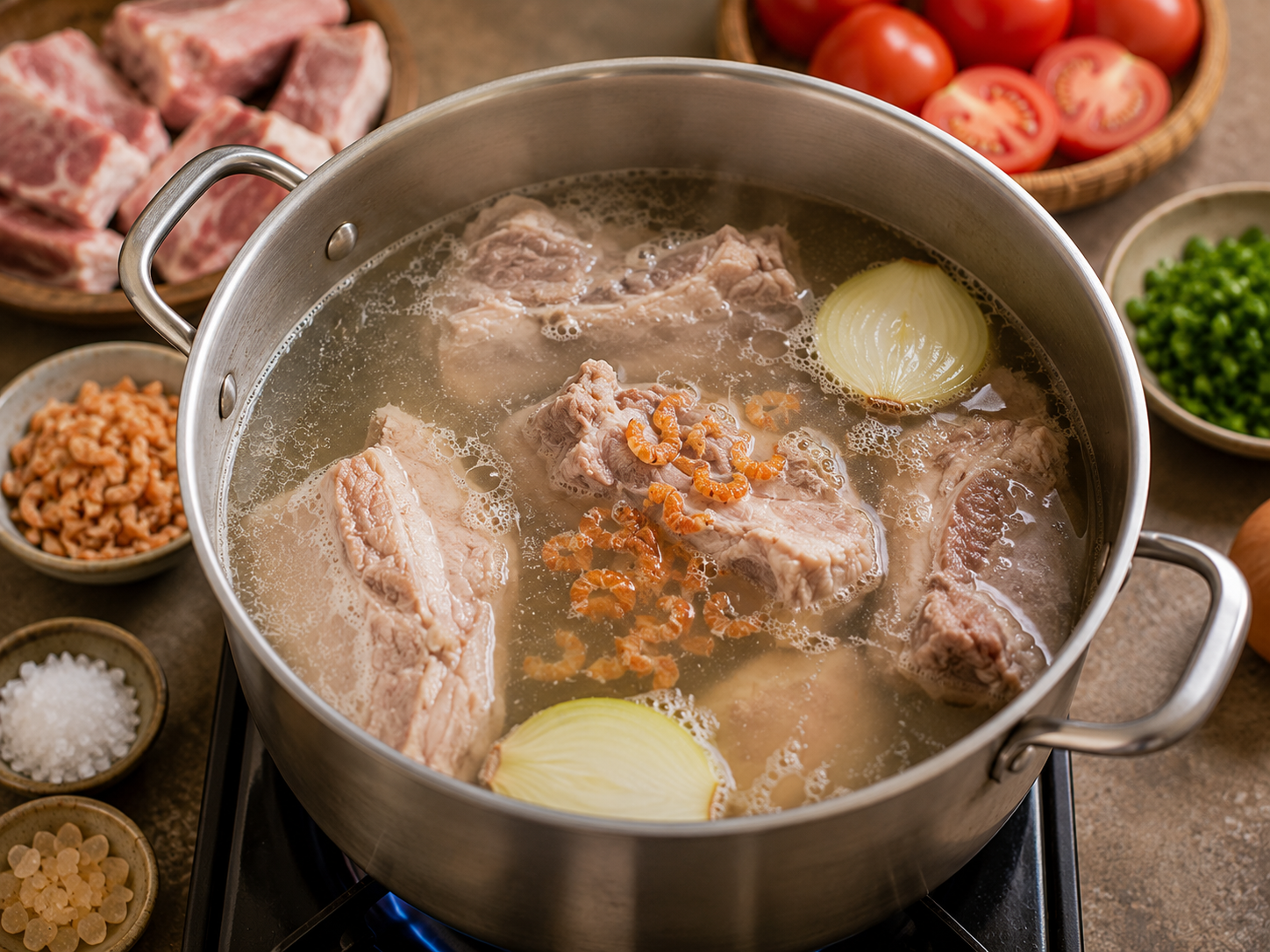 Pork bones simmering with onion and dried shrimp for the first broth step of bún riêu.